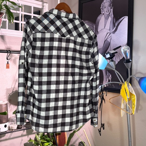 Jachs Girlfriend Plaid Button Front Shirt Medium Black White Cotton Stretch - Picture 2 of 10